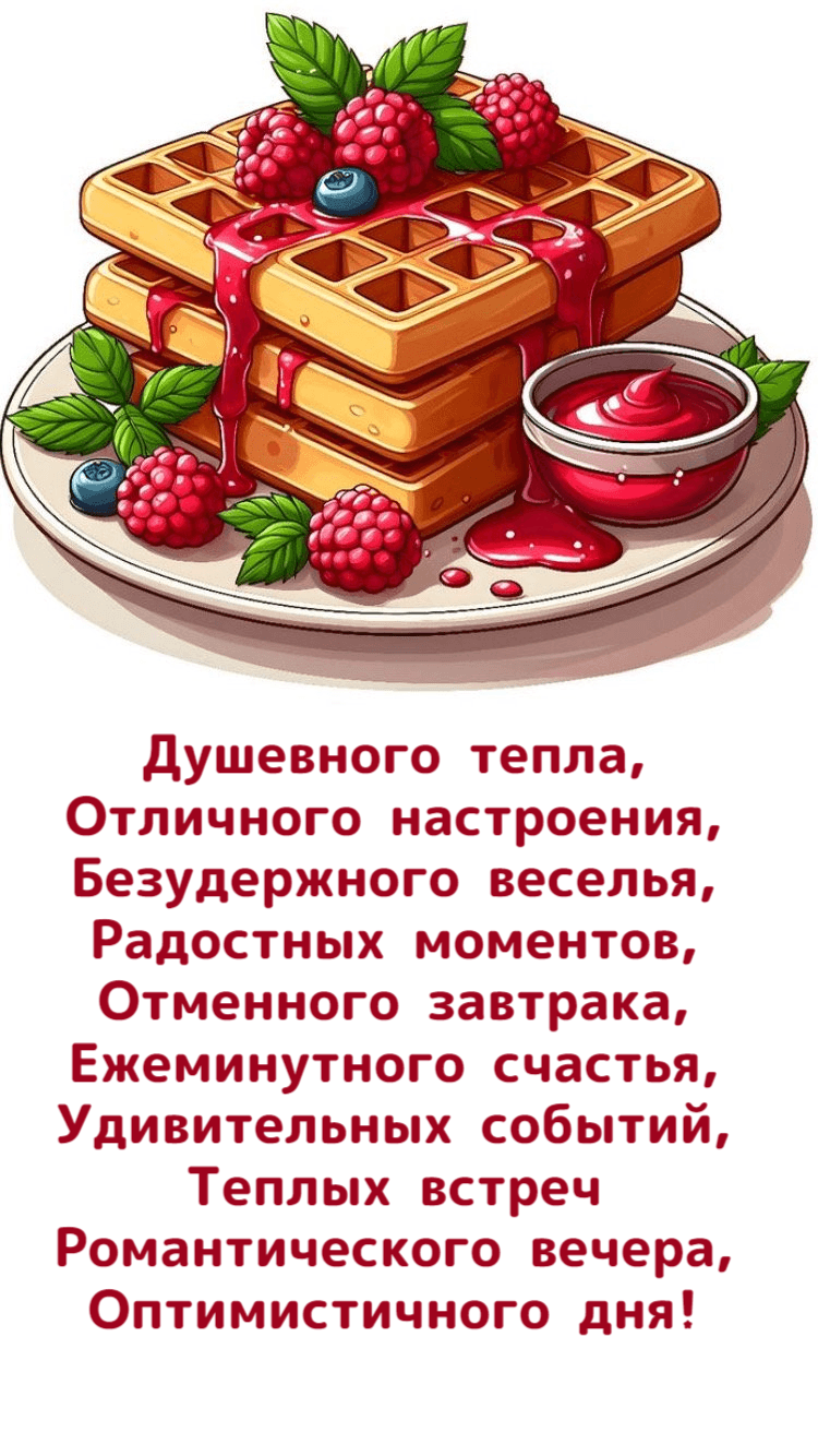 Душевного тепла, Отличного настроения, Безудержного веселья, Радостных моментов, Отменного завтрака, Ежеминутного счастья, Удивительных событий, Теплых встреч Романтического вечера, Оптимистичного дня!