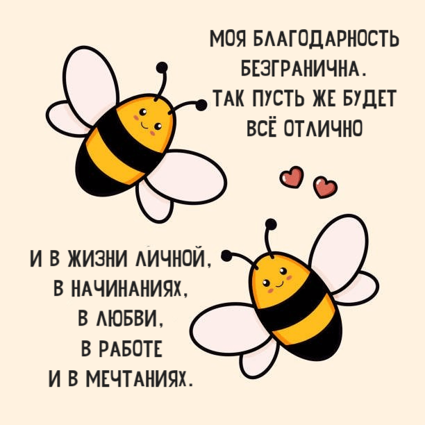 Моя благодарность безгранична. Так пусть же будет всё отлично и в жизни личной, в начинаниях, в любви, в работе и в мечтаниях.