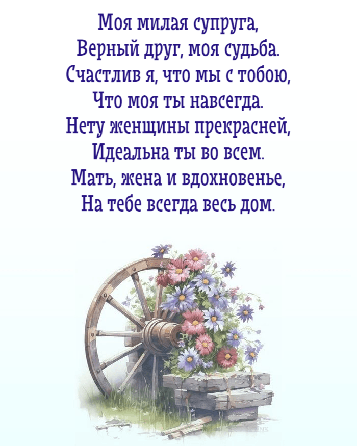 Моя милая супруга, Верный друг, моя судьба. Счастлив я, что мы с тобою, Что моя ты навсегда. Нету женщины прекрасней, Идеальна ты во всем. Мать, жена и вдохновенье, На тебе всегда весь дом.